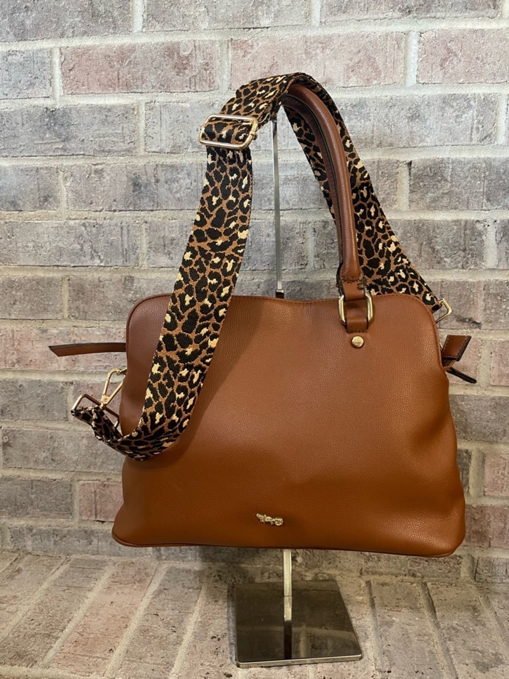 Structured Brown Shoulder Bag with Leopard-Print Strap